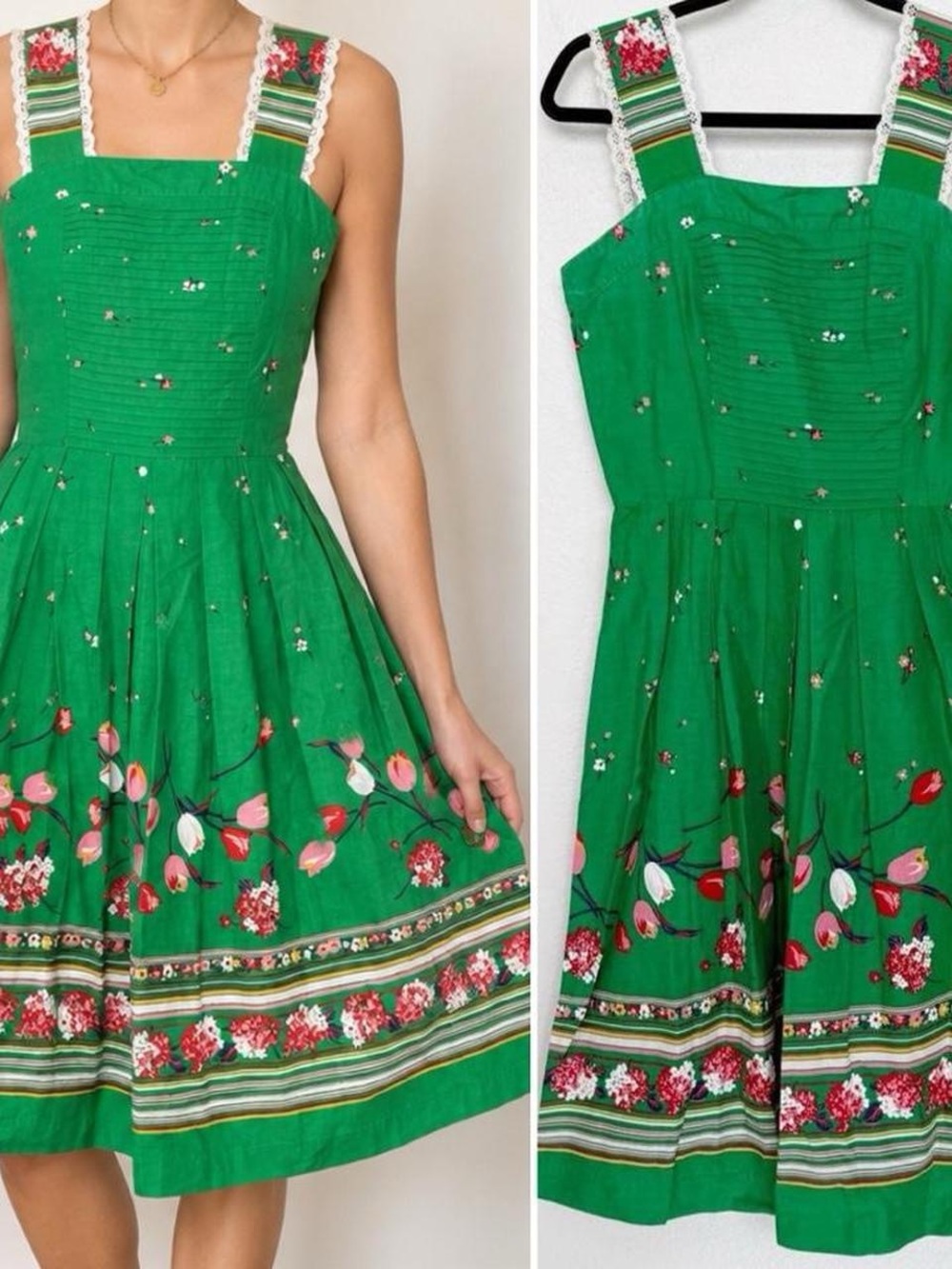 Act I True Vintage 70s Floral Border Print Lace Fit & Flare Midi Dress
